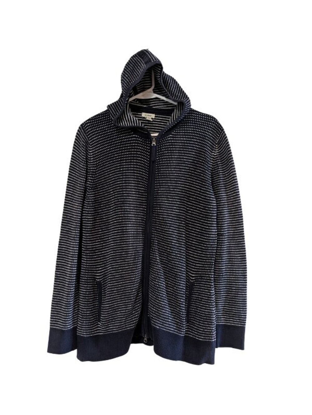 L.L. Bean Women's Hooded Sweater, Navy Blue White, Size Large, Cotton Cashmere